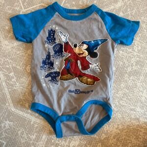 Disney Parks Sorcerer Mickey Bodysuit Kids 6M Gray Blue Raglan One Piece